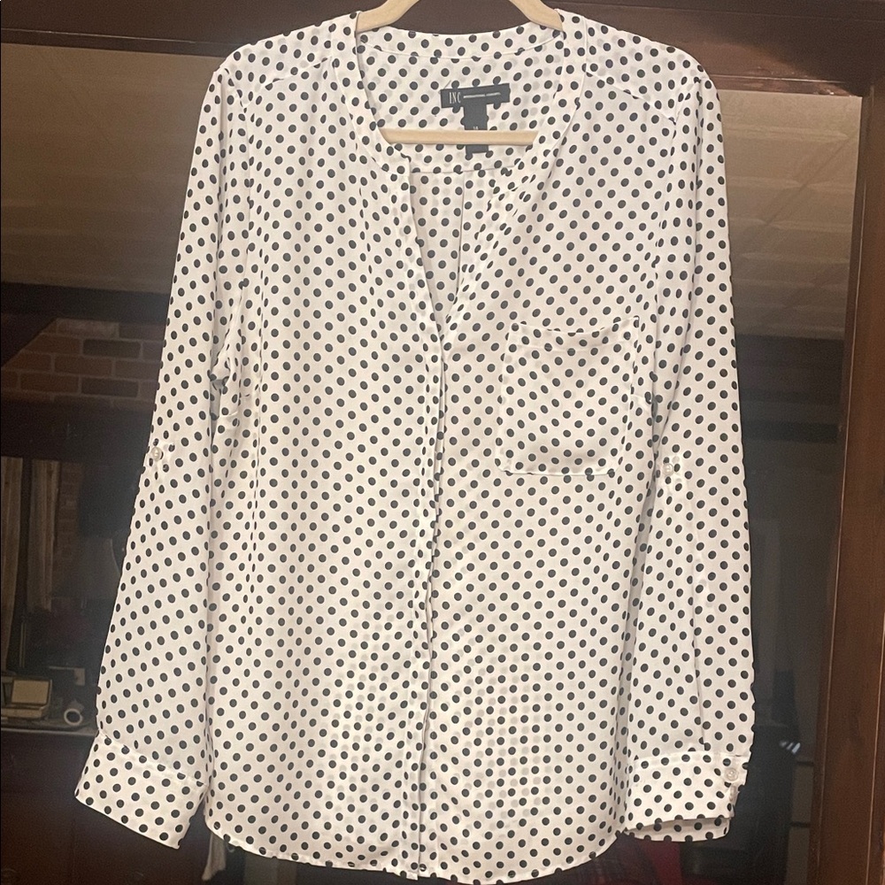 INC International Concepts Black and White Polka Dot Button Down Blouse.
